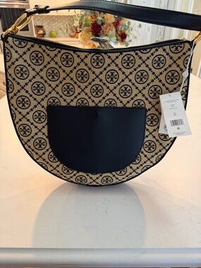 Tory Burch Black and Natural Jacquard Crescent Shoulder Bag